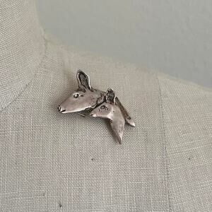 Vintage Sterling Silver Doe + Fawn Deer Head Brooch Animal Figural Pin 1960s